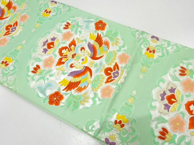 JAPANESE KIMONO / ANTIQUE FUKURO OBI / SILK / WOVEN BIRDS & FLORAL CREST